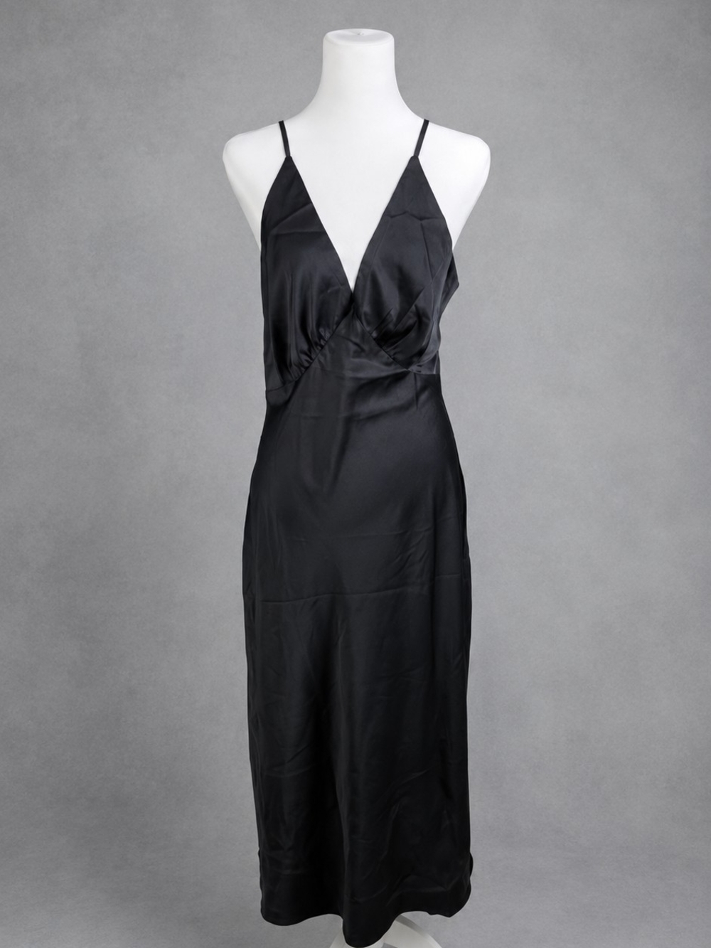 Women's Black Satin Slip Midi Dress Spaghetti Straps Deep V Neck Size L